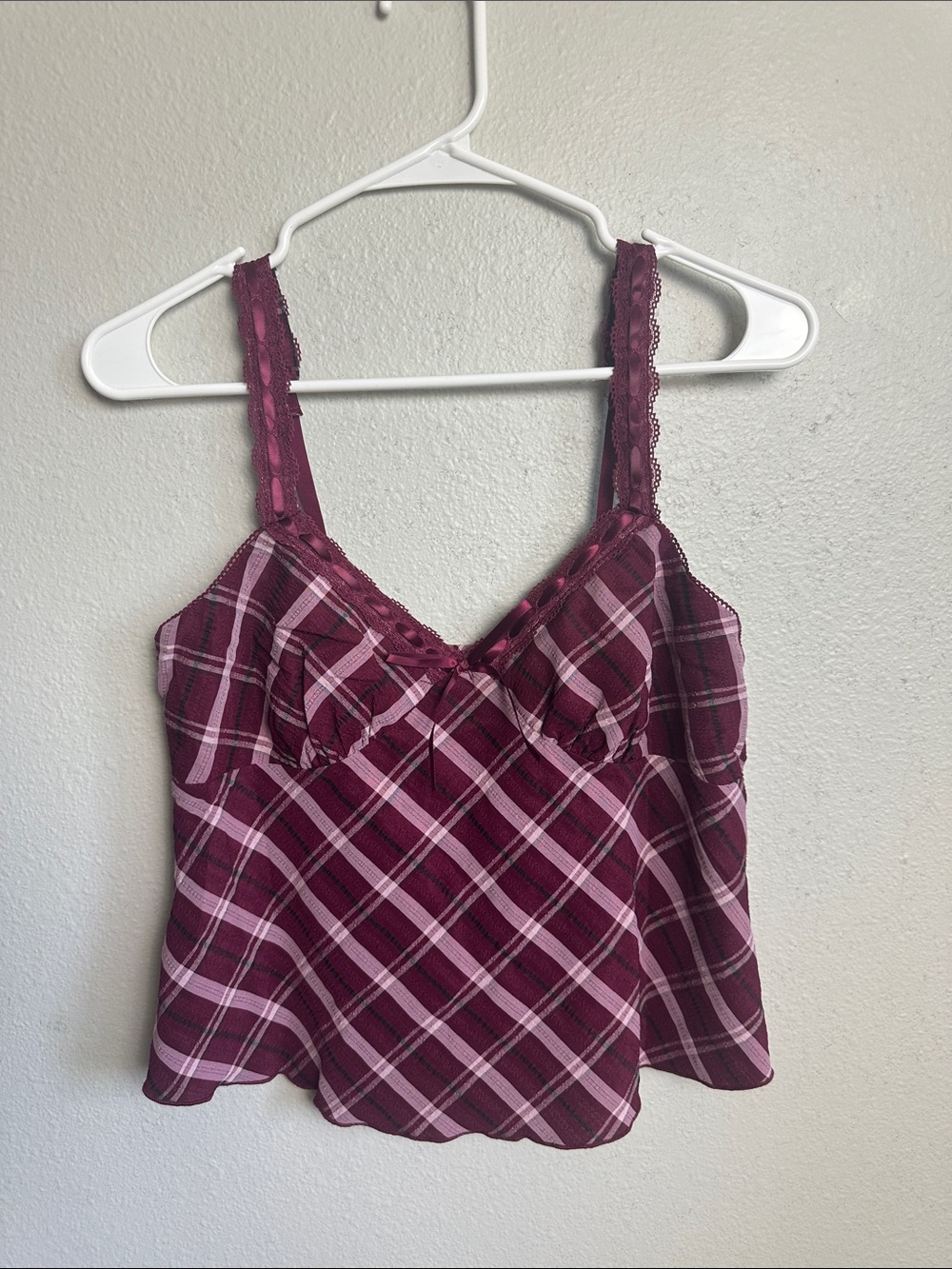 No Boundaries Burgundy Plaid Lace-Trim Cami